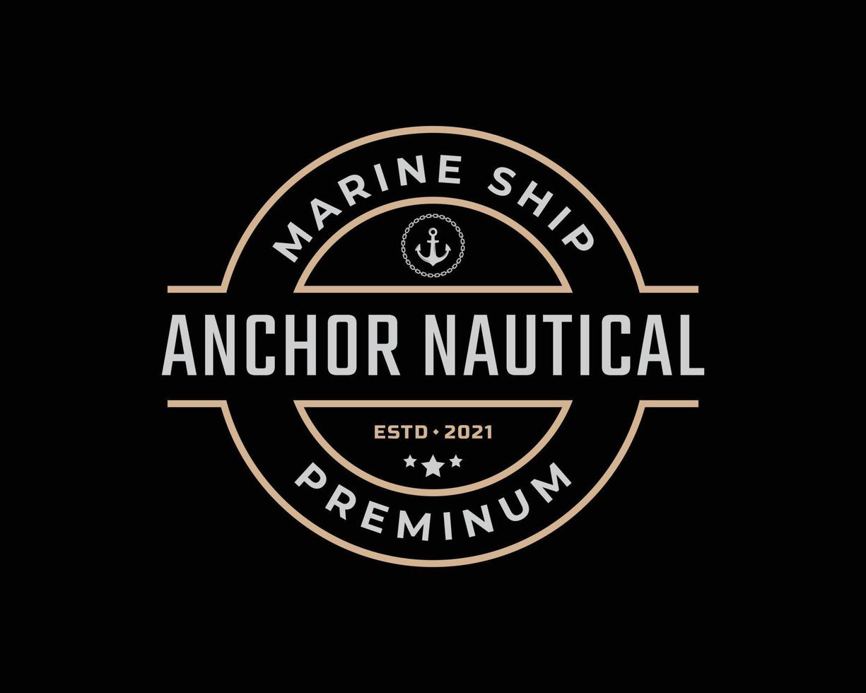 emblème de badge rétro vintage ancre navire bateau logo design style linéaire sur fond noir vecteur