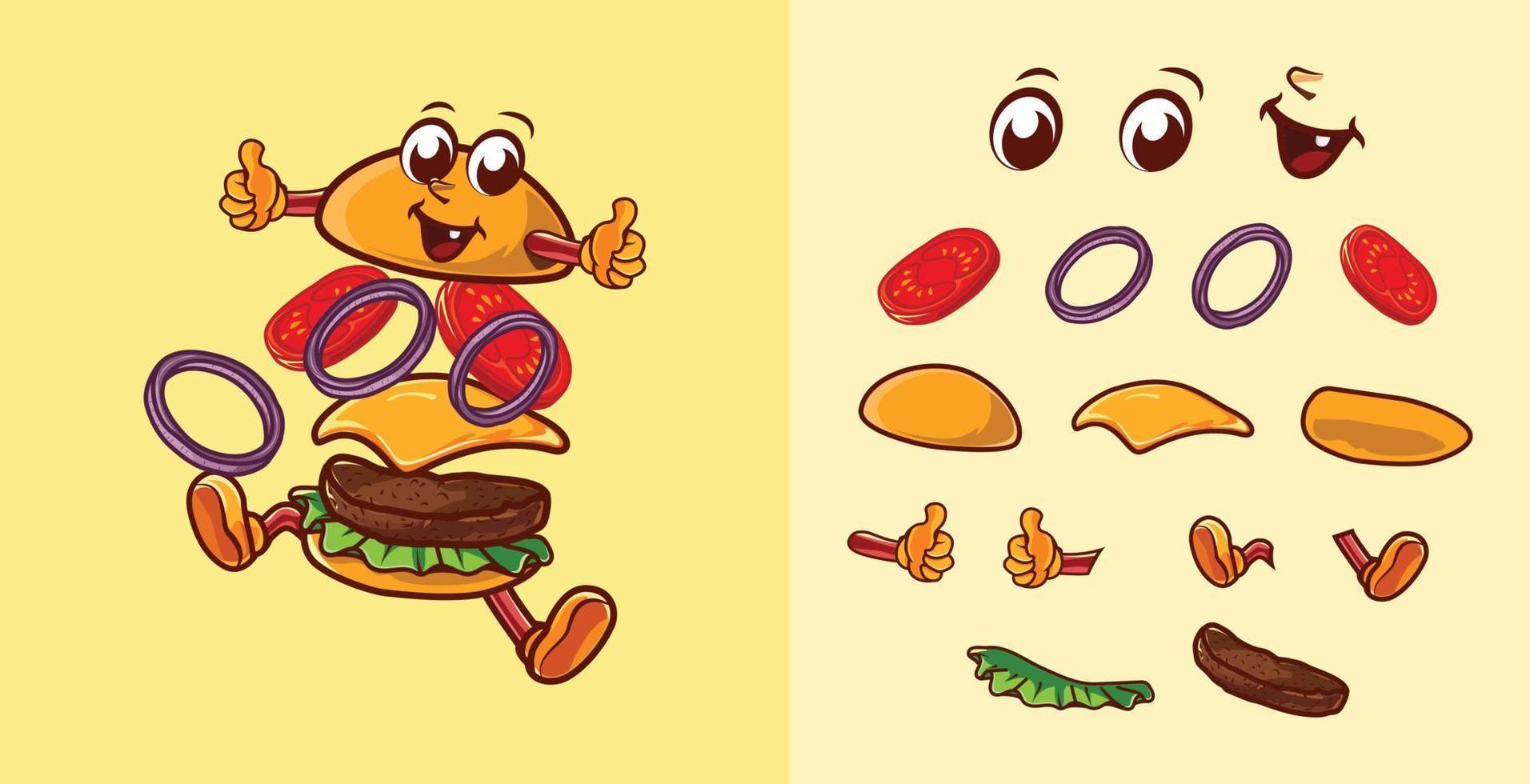 burger volant étalé son illustration vectorielle de légumes pour l'animation vecteur