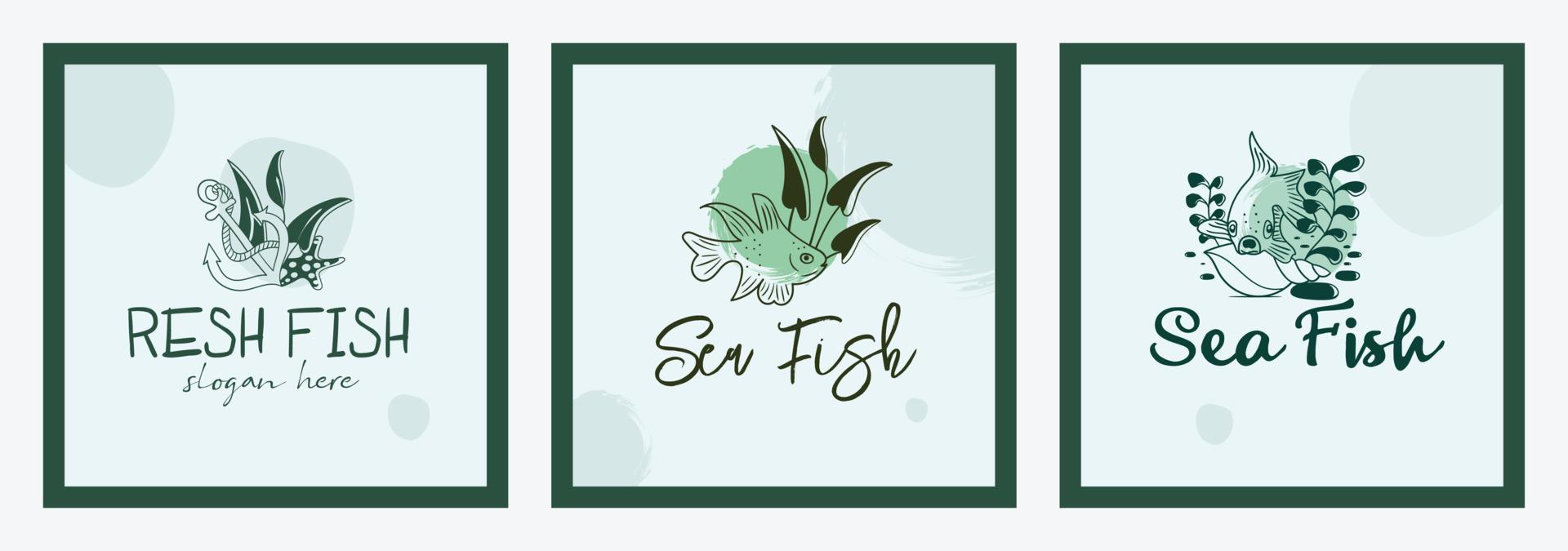 dessinés à la main voir la collection de conception de logo de nourriture ou de poisson avec des éléments de l'océan sous l'eau vecteur