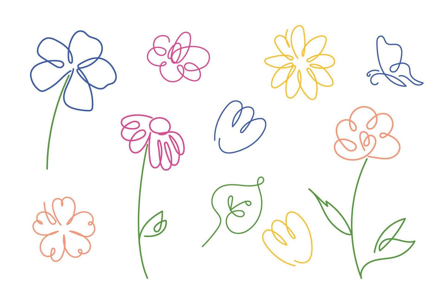 dessin au trait floral minimal. palette colorée de fleurs dans un style d'art en ligne continue. floral pour les invitations, cartes, impression, emballage cadeau, fabrication, textile, tissu, papiers peints. vecteur