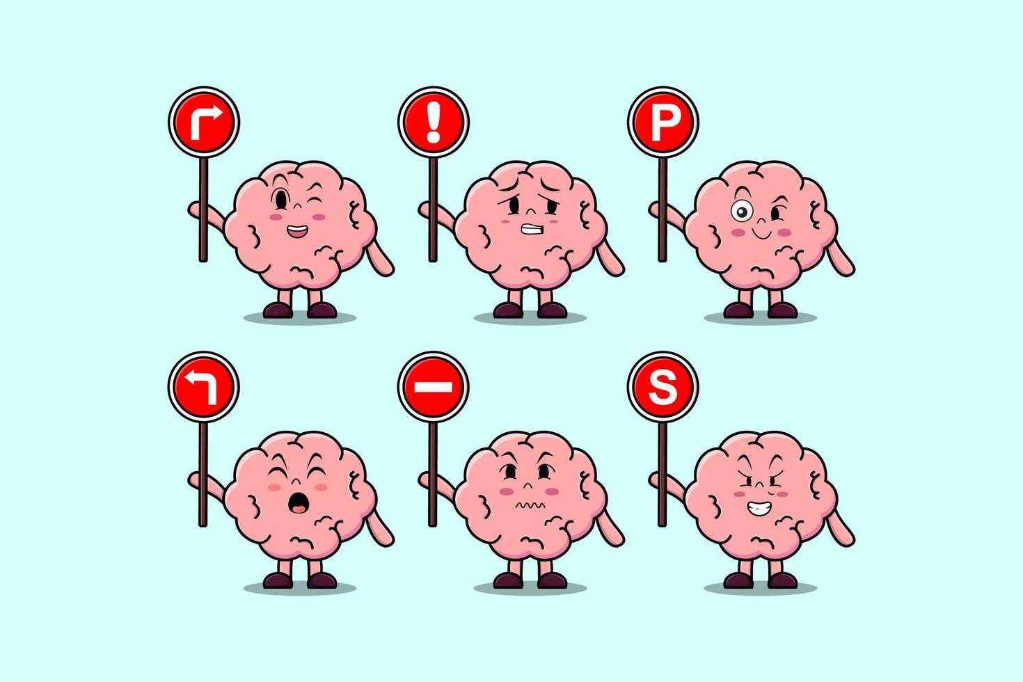 personnage de dessin animé mignon cerveau tenant un panneau de signalisation vecteur