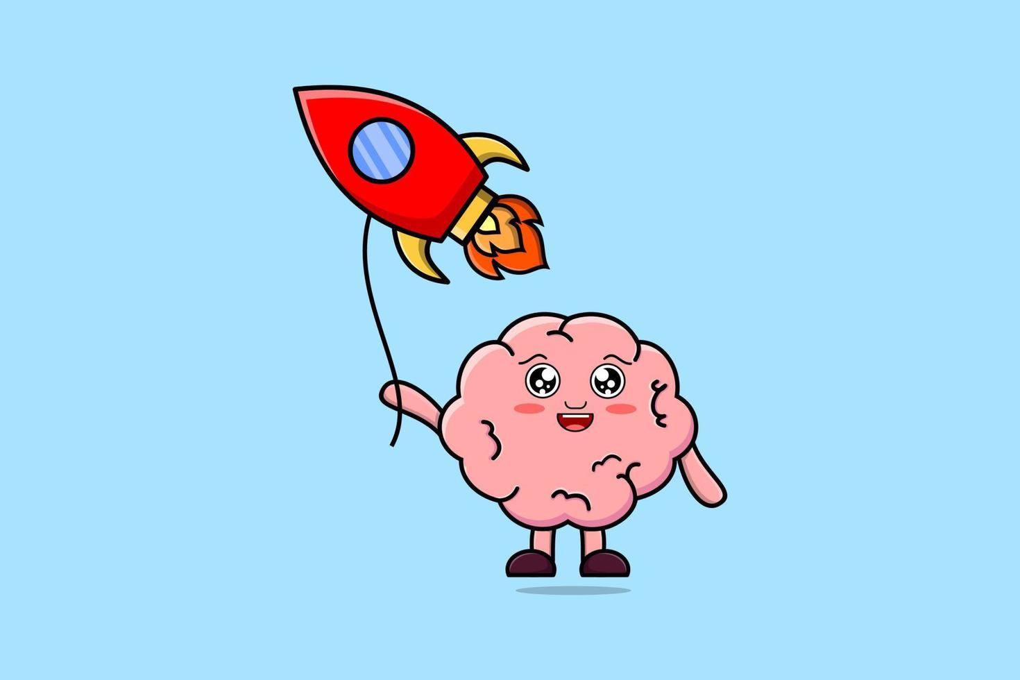 cerveau de dessin animé mignon flottant avec ballon fusée vecteur