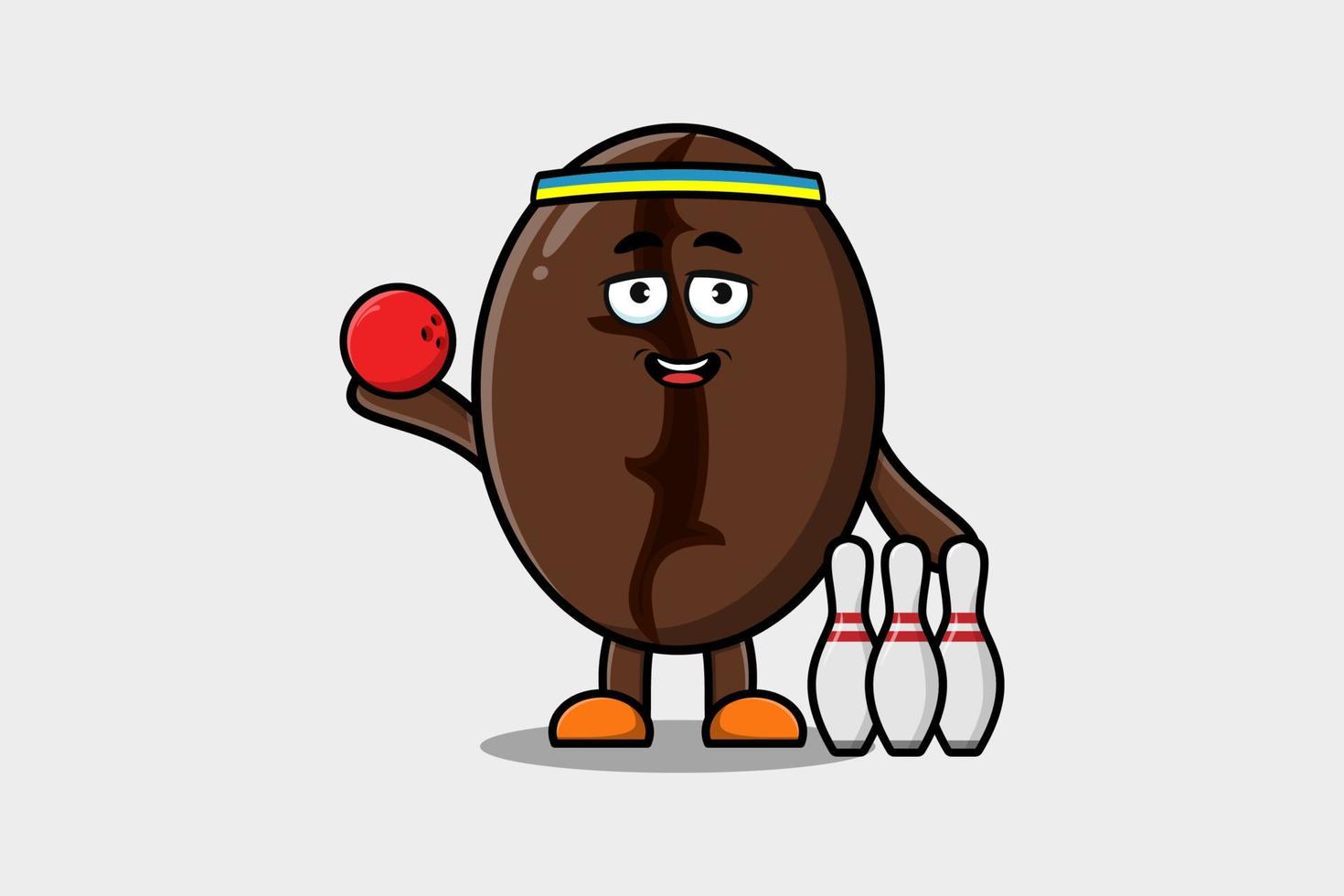personnage de dessin animé mignon grains de café jouer au bowling vecteur