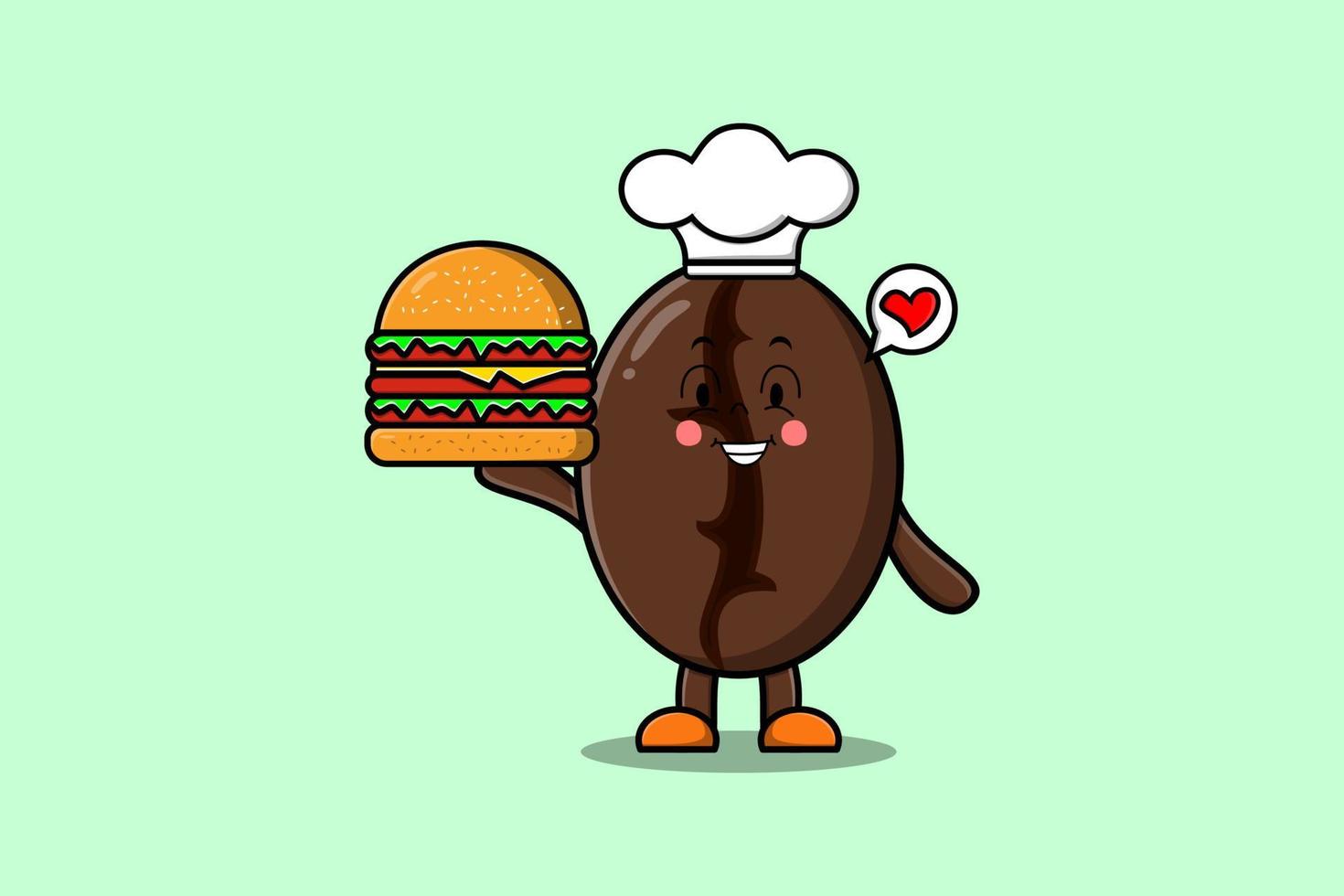 chef de dessin animé mignon grains de café tenant burger vecteur