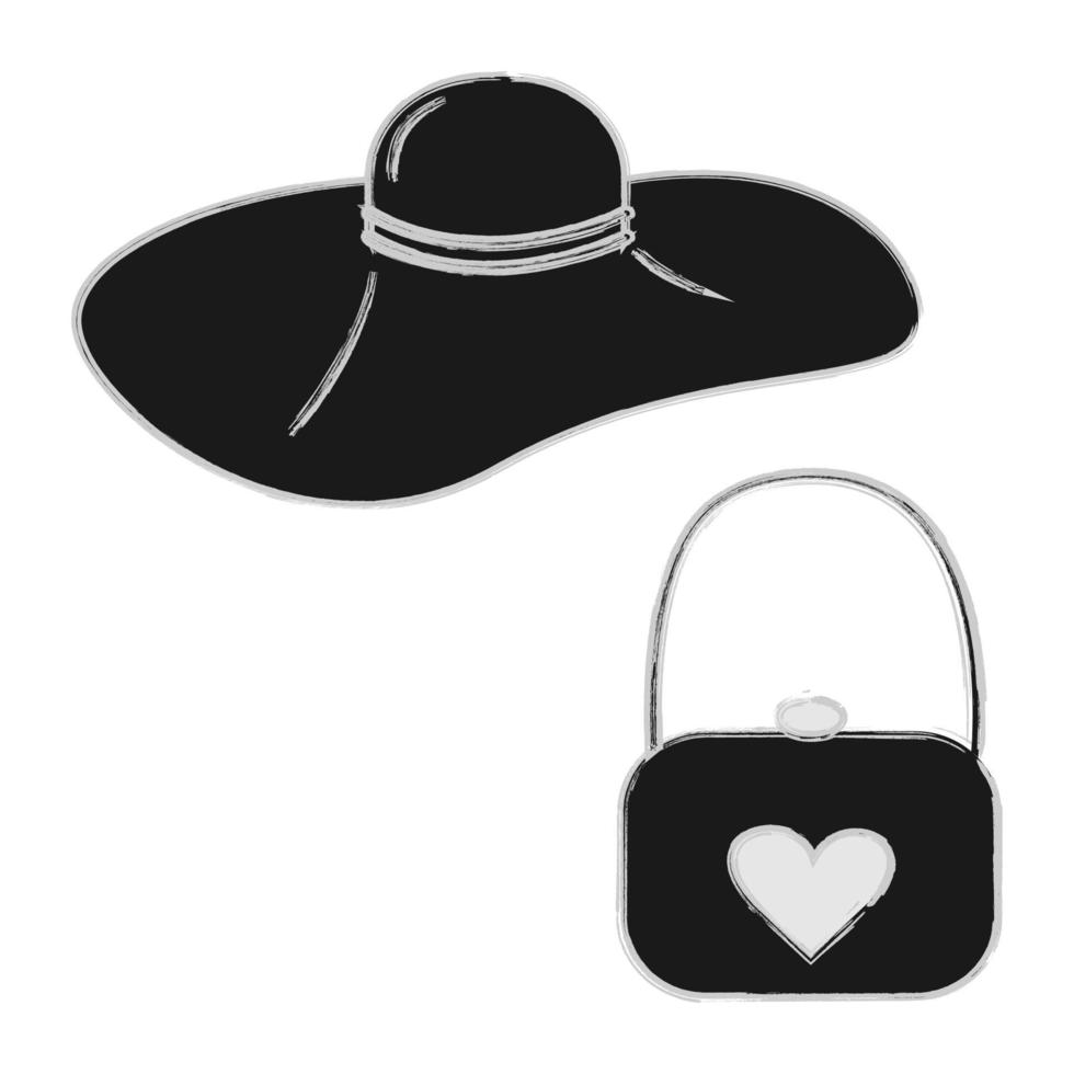 un ensemble composé d'un chapeau à larges bords stylisé pour femme et d'un sac à main avec un cœur peint dans des tons gris tendance vecteur