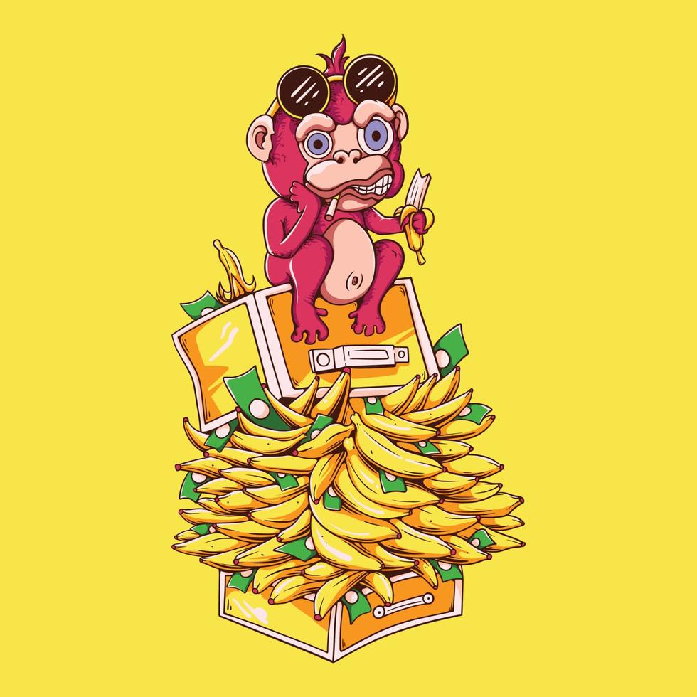 illustration vectorielle singe coloré assis sur le régime de bananes tout en mangeant une illustration vintage de banane vecteur