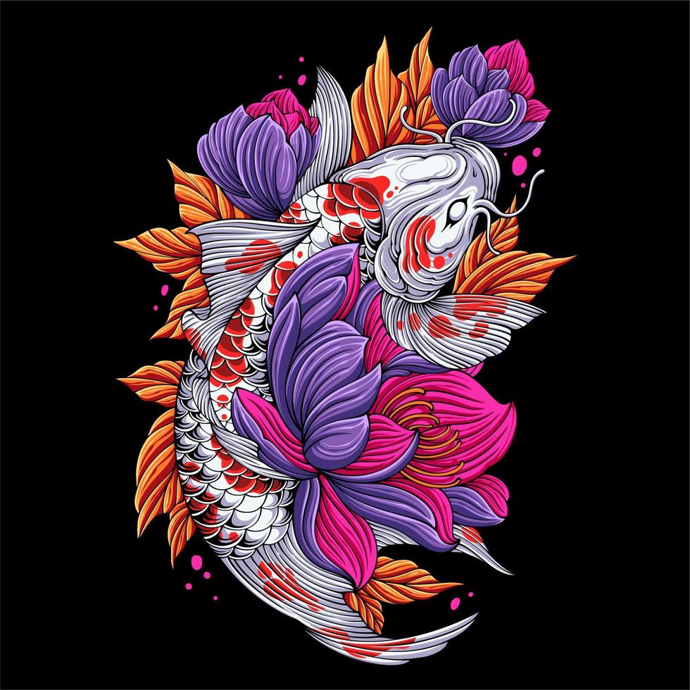 poisson koi coloré sautant avec des fleurs et des feuilles tout autour pour la conception de t-shirt vecteur