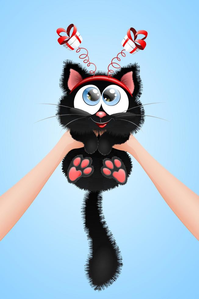 mignon petit chaton de dessin animé noir moelleux dans les mains humaines avec de petites boîtes-cadeaux. anniversaire, noël, cadeau, famille, adopter le concept. vecteur