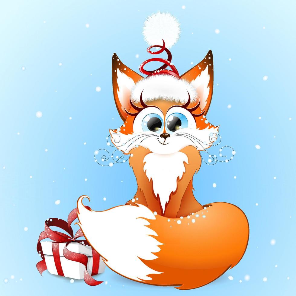 jolie fille de renard de dessin animé au gingembre moelleux assise sous des chutes de neige en bonnet de noel et avec boîte-cadeau de noël. vecteur