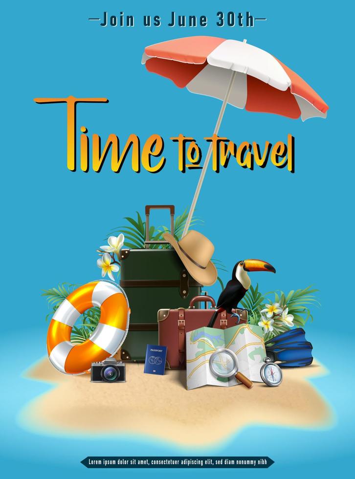 modèle de bannière de vente d'été de vecteur. orientation verticale avec bagages, parapluie, chapeau, cercle de vie, carte, appareil photo sur l'île de sable. concept touristique de voyage. vecteur