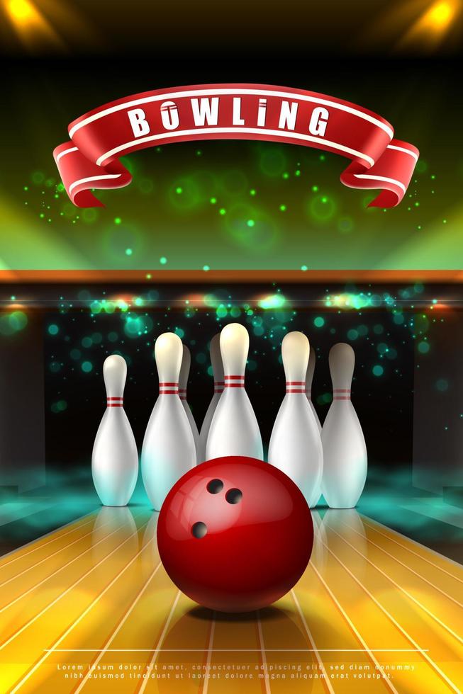 Bannière vectorielle réaliste 3d du jeu de bowling avec boule rouge sur la voie et quilles blanches dans la fumée de néon. vecteur