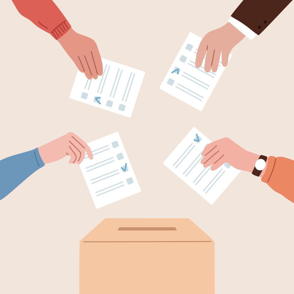 notion d'élection. urne électorale. personnes mettant un bulletin de vote dans l'urne. élections présidentielles. voter, faire un choix. liberté, démocratie. groupe d'électeurs. vecteur