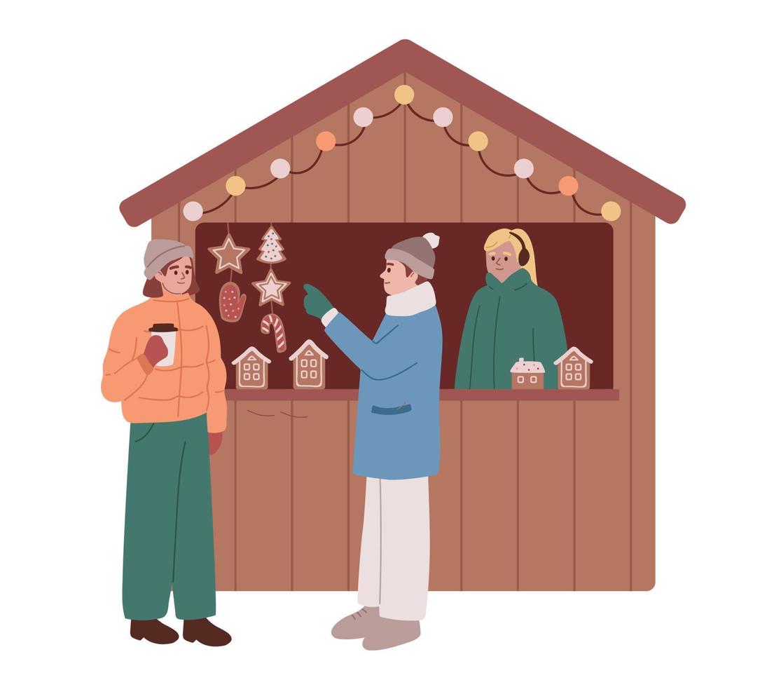 étal du marché de Noël. kiosque de noël avec pain d'épice. femme et homme achetant du pain d'épice et buvant du café. marché d'hiver. boutique de cadeaux de stand en bois avec des marchandises et des souvenirs. vecteur