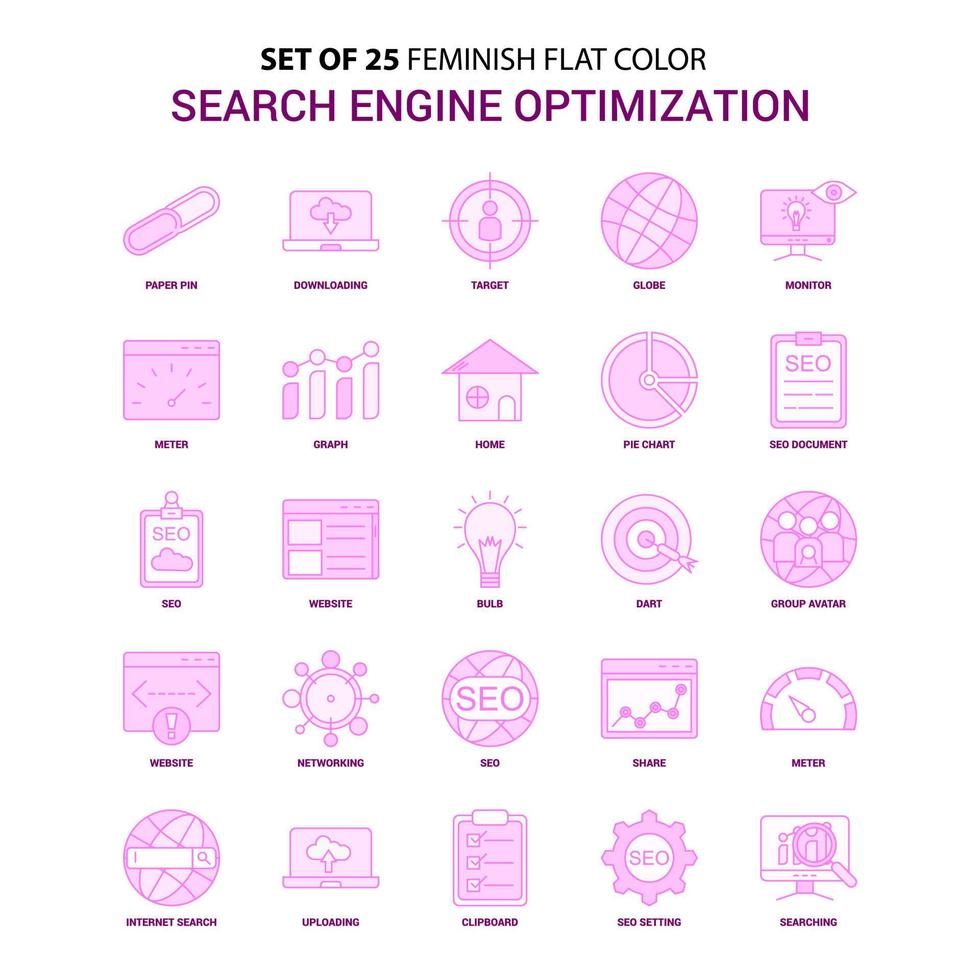 ensemble de 25 ensemble d'icônes roses de couleur plate d'optimisation de moteur de recherche féministe vecteur