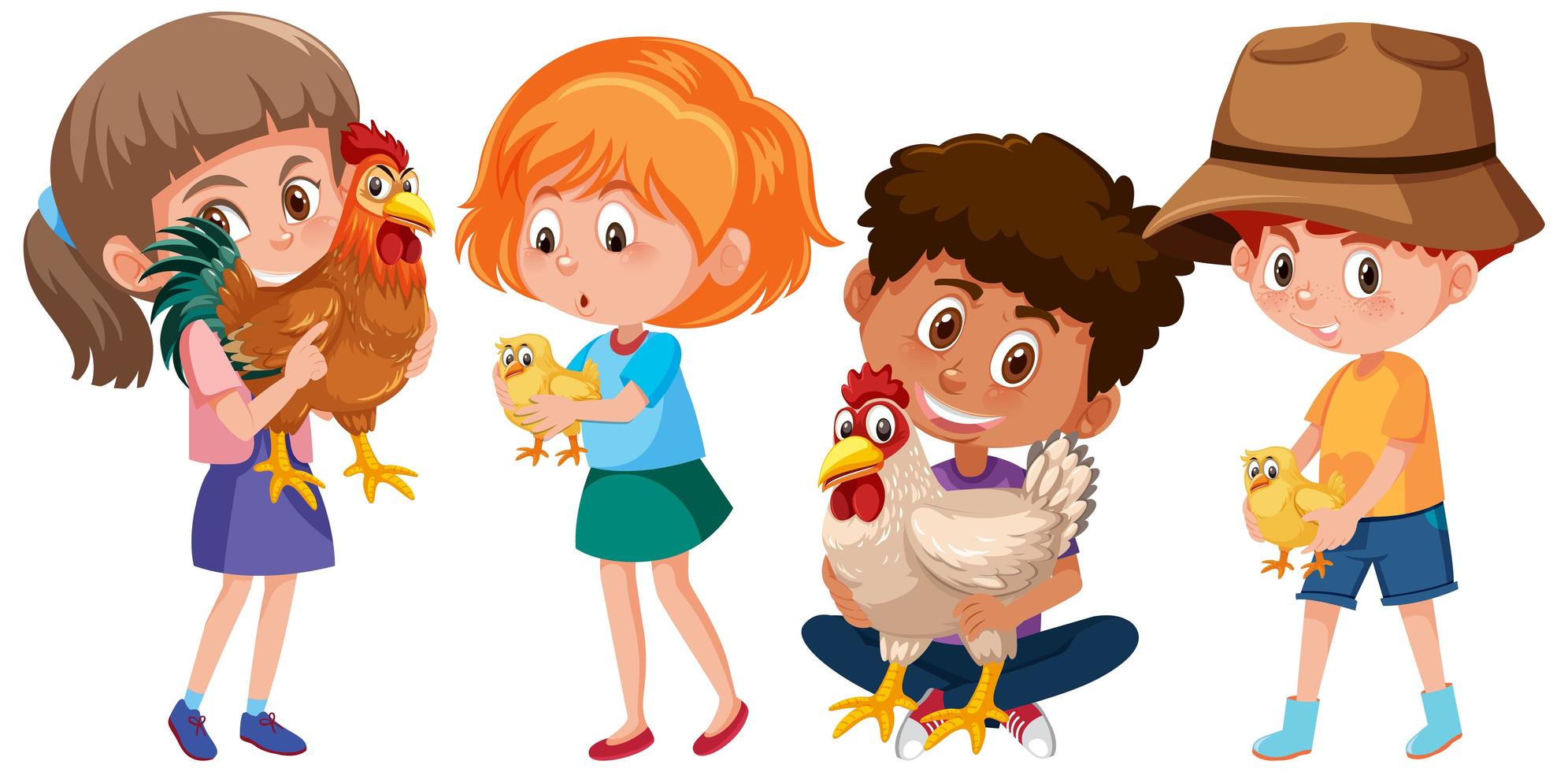 ensemble de différents enfants tenant du poulet isolé vecteur
