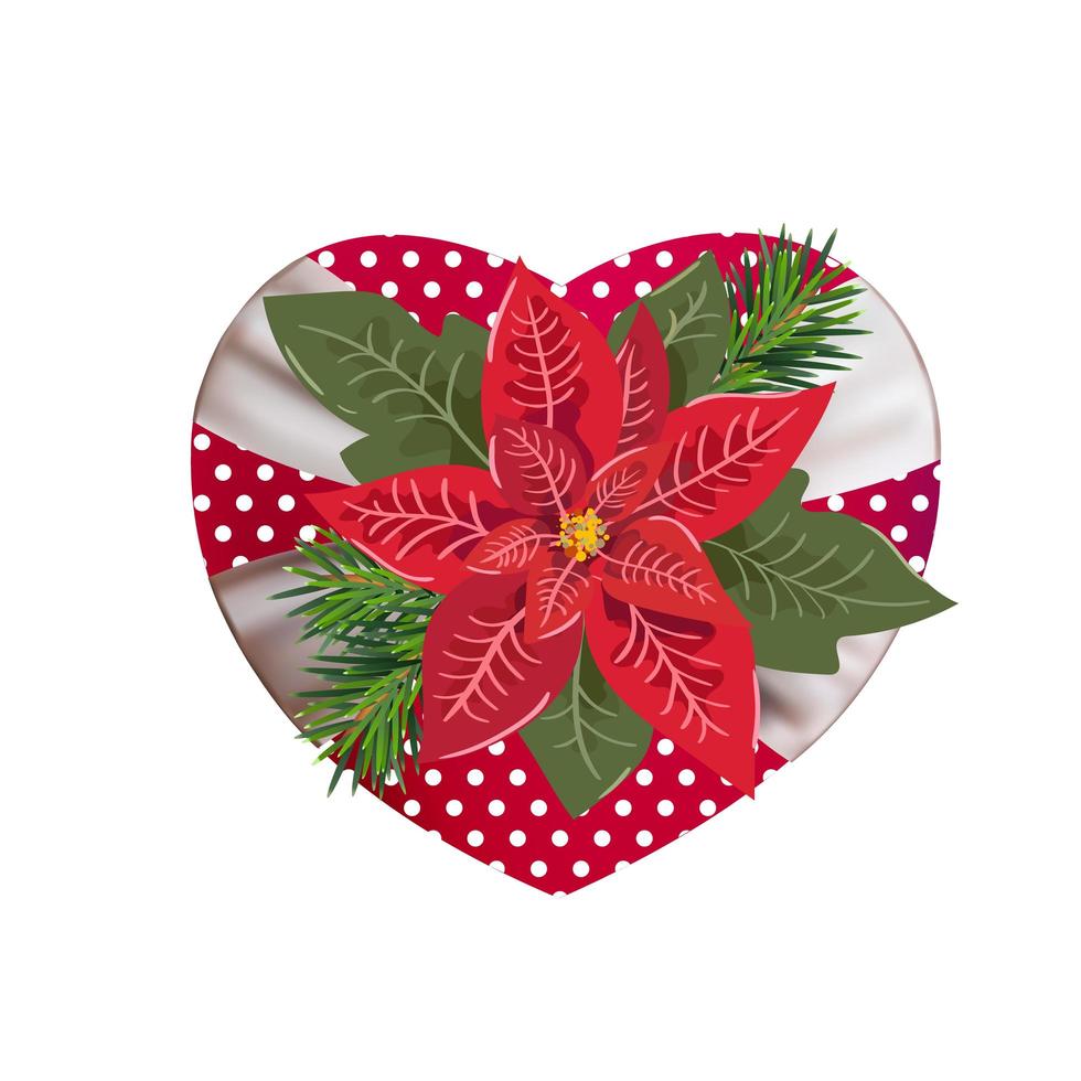 Noël poinsettia fleur rouge sur boîte-cadeau en forme de coeur vecteur