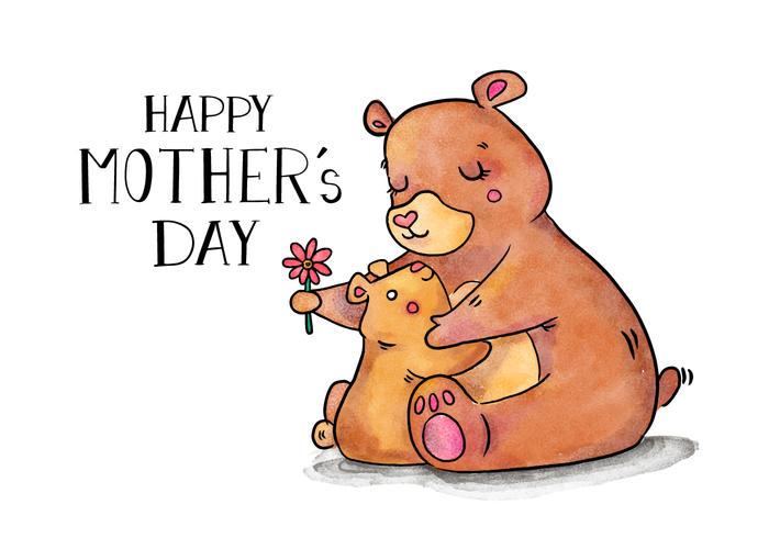 Cute Bear Mom And Son Hug Avec Lettrage Et Fleur vecteur