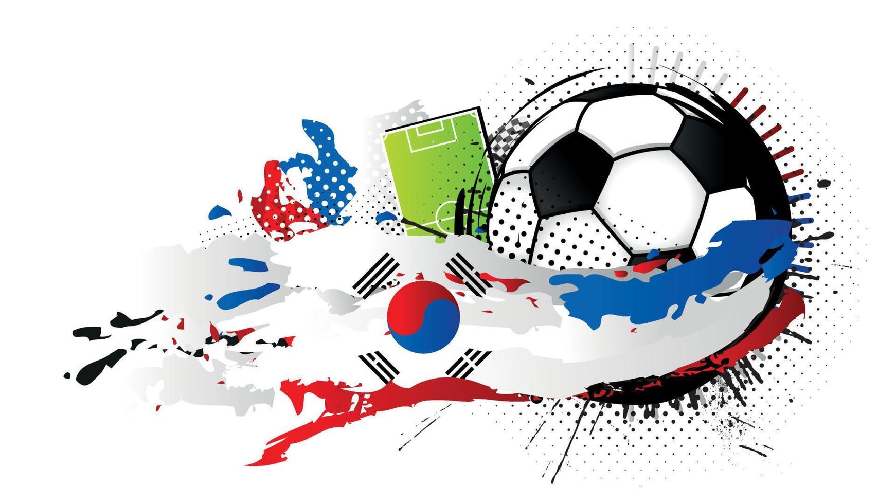 ballon de football noir et blanc entouré de taches rouges, bleues et blanches formant le drapeau de la corée du sud avec un terrain de football en arrière-plan. image vectorielle vecteur