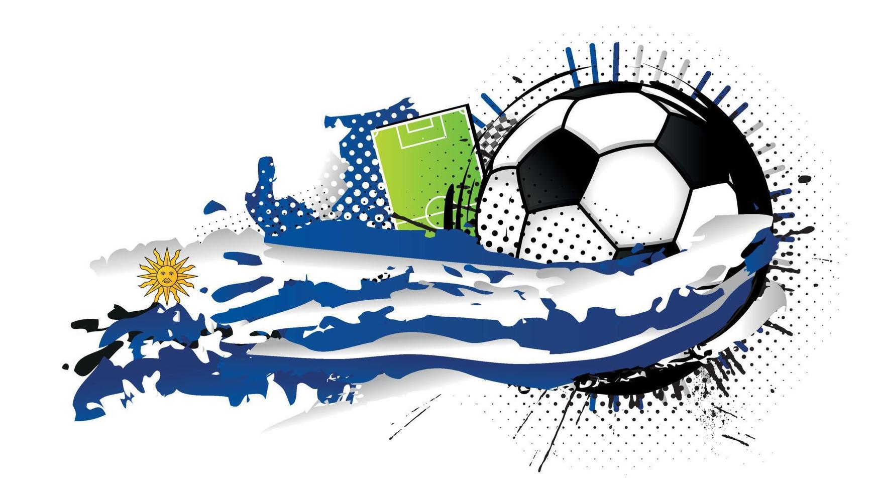 ballon de football noir et blanc entouré de taches bleues et blanches formant le drapeau de l'uruguay avec un terrain de football en arrière-plan. image vectorielle vecteur