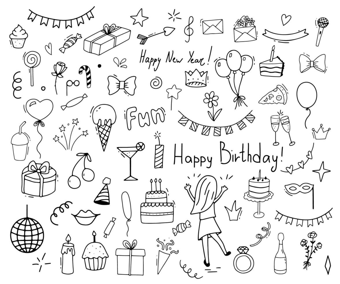 clipart de célébration grand ensemble. clipart de doodle de temps de fête. icônes de ligne dessinées à la main pour le nouvel an ou l'anniversaire. aperçu de la collection drôle vecteur