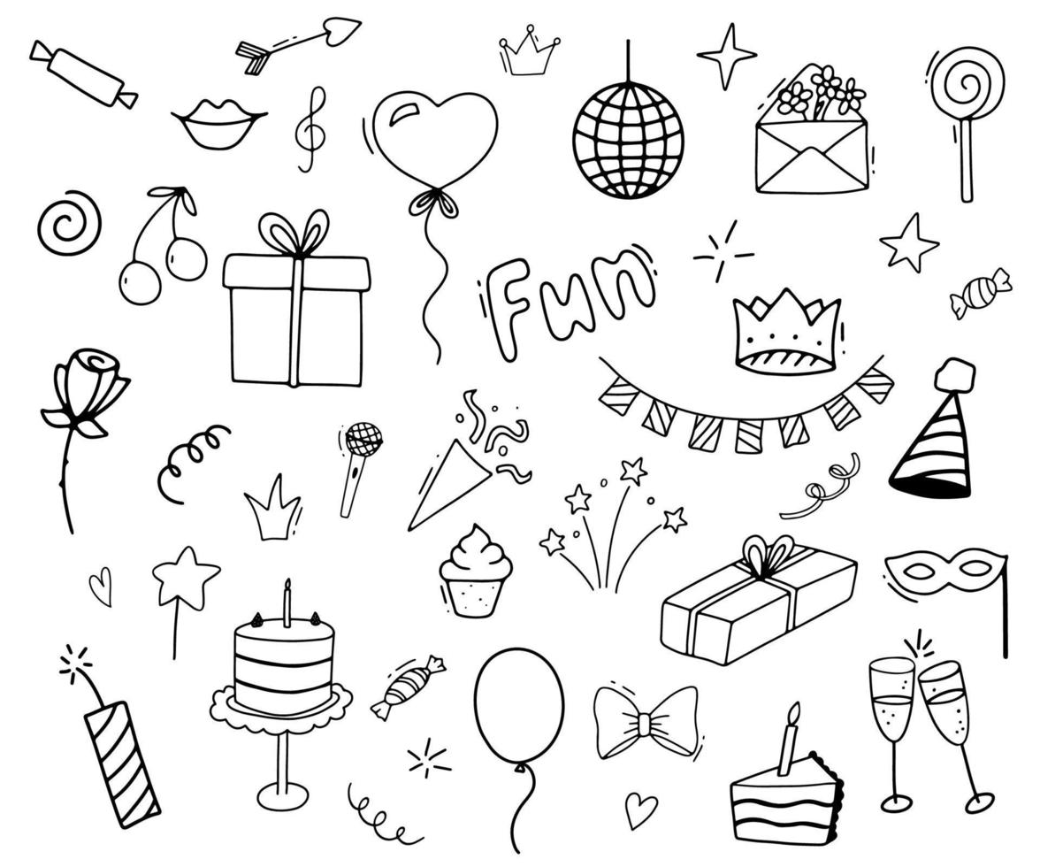 ensemble de cliparts de célébration. clipart de doodle de temps de fête. icônes de ligne dessinées à la main pour le nouvel an ou l'anniversaire vecteur