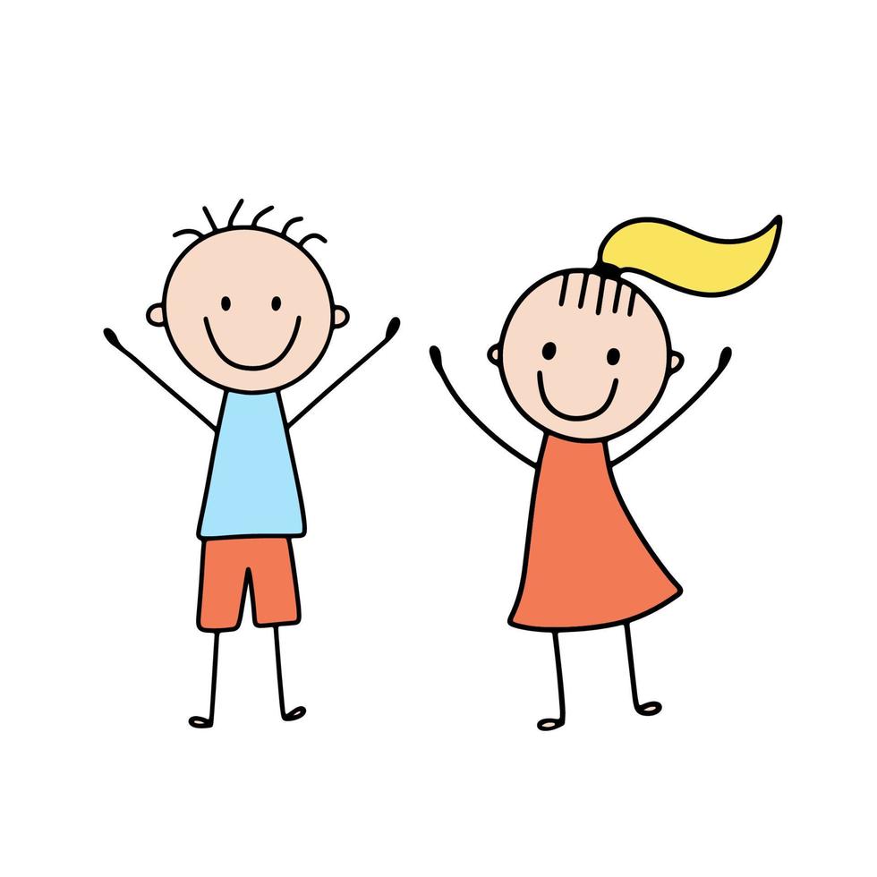 jolie fille et garçon heureux souriant. illustration vectorielle dans un style doodle isolé sur blanc. les enfants agitent les mains vecteur