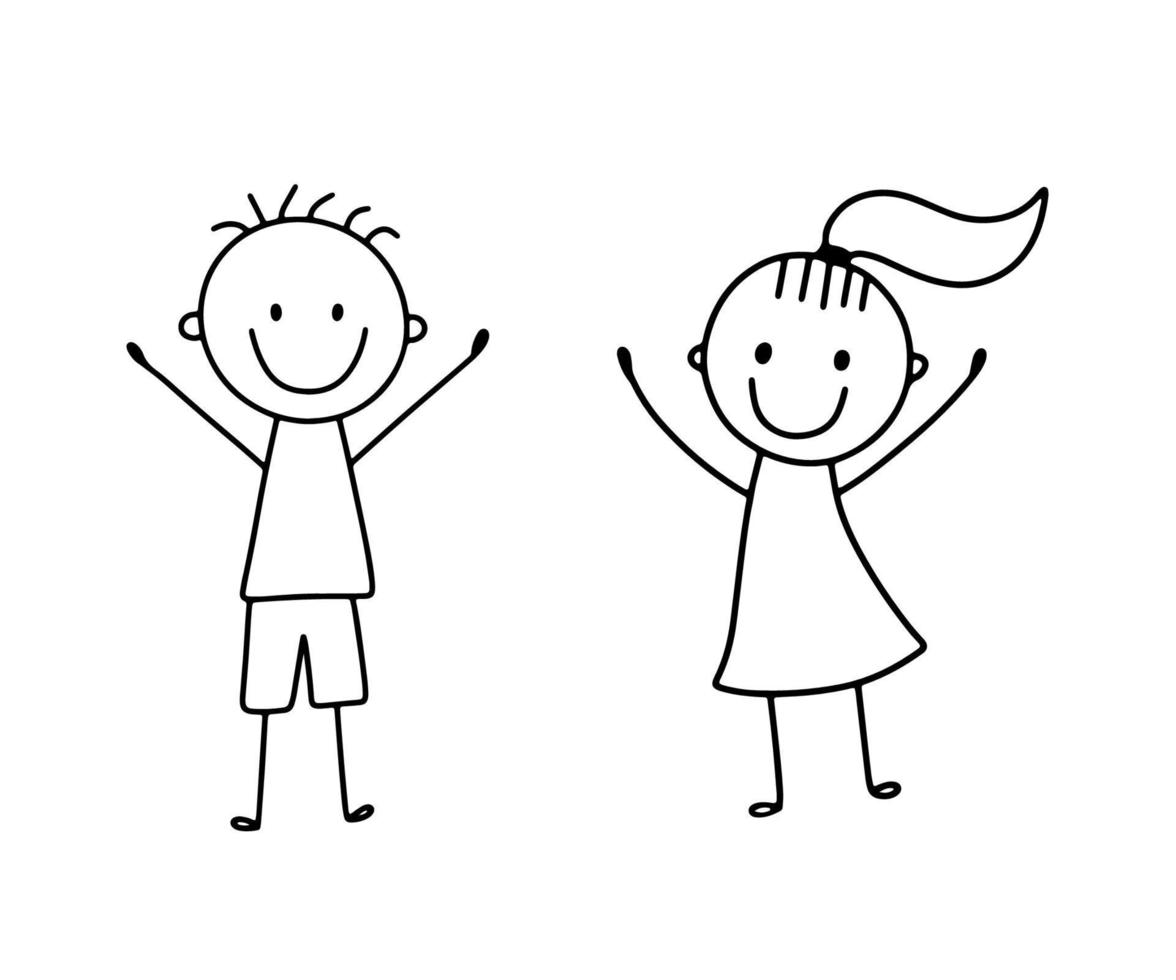 joli bâton souriant heureux fille et garçon. illustration vectorielle dans un style doodle isolé sur blanc. les enfants agitent les mains vecteur