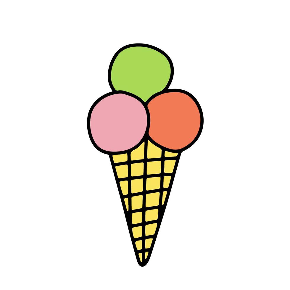 boules de crème glacée en cône de gaufre isolé sur fond blanc. illustration vectorielle doodle en style cartoon vecteur
