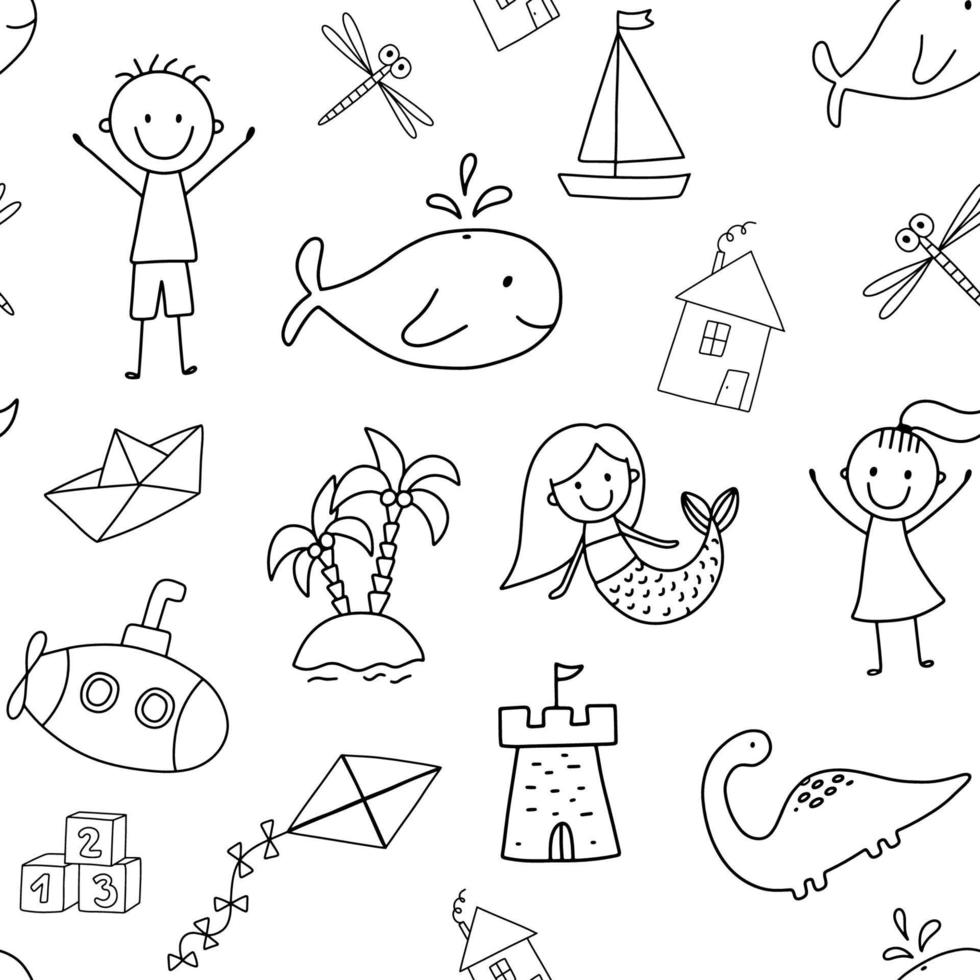 Joli motif monochrome enfantin sans couture avec des enfants drôles, une sirène et une baleine dans un style doodle sur fond blanc. vecteur