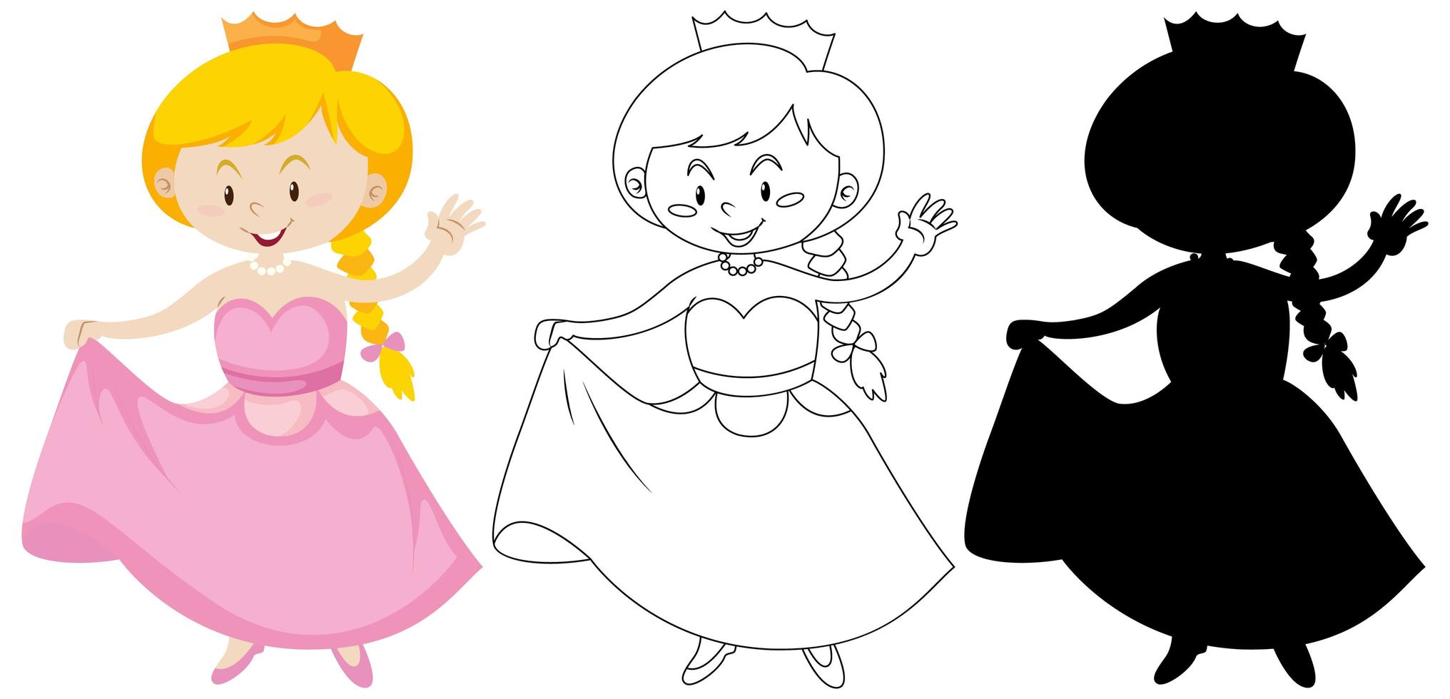 fille en costume de princesse en couleur, contour et silhouette vecteur