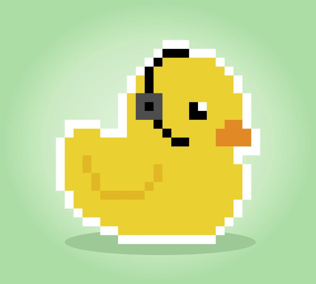 canard en caoutchouc pixel 8 bits portant des écouteurs. illustration vectorielle animale vecteur