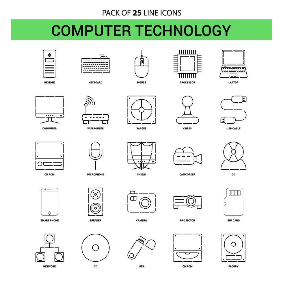 jeu d'icônes de ligne de technologie informatique 25 style de contour en pointillé vecteur