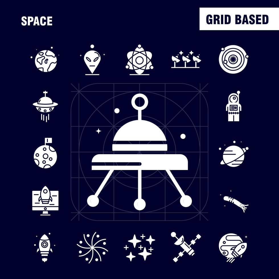 les icônes de glyphe solide de l'espace sont définies pour l'infographie le kit uxui mobile et la conception d'impression incluent le transport spatial de fusée lune planète espace vaisseau spatial télescope jeu d'icônes vecteur