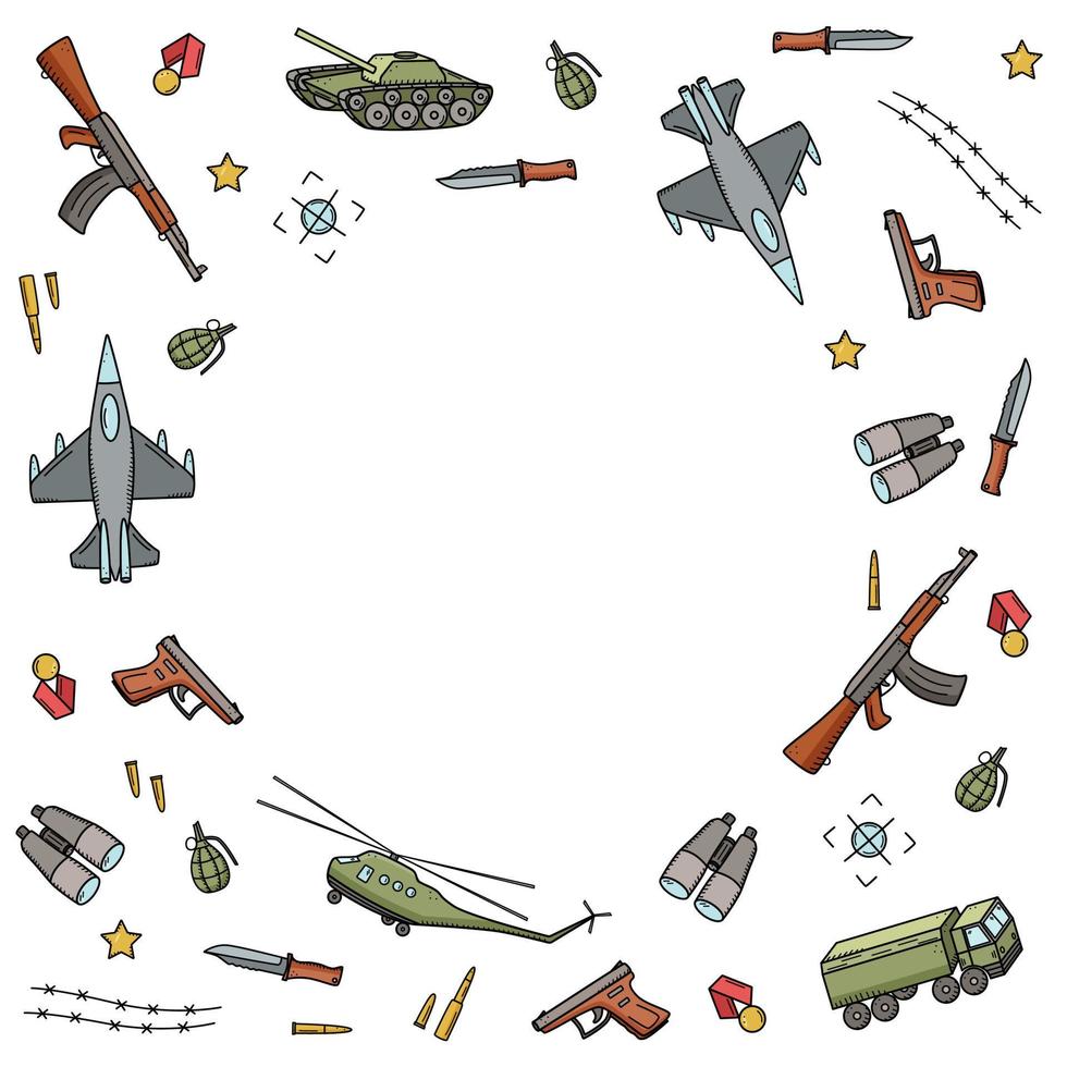 icônes de couleur de doodle militaire. illustration vectorielle d'un ensemble d'équipements militaires, articles de l'armée. vecteur