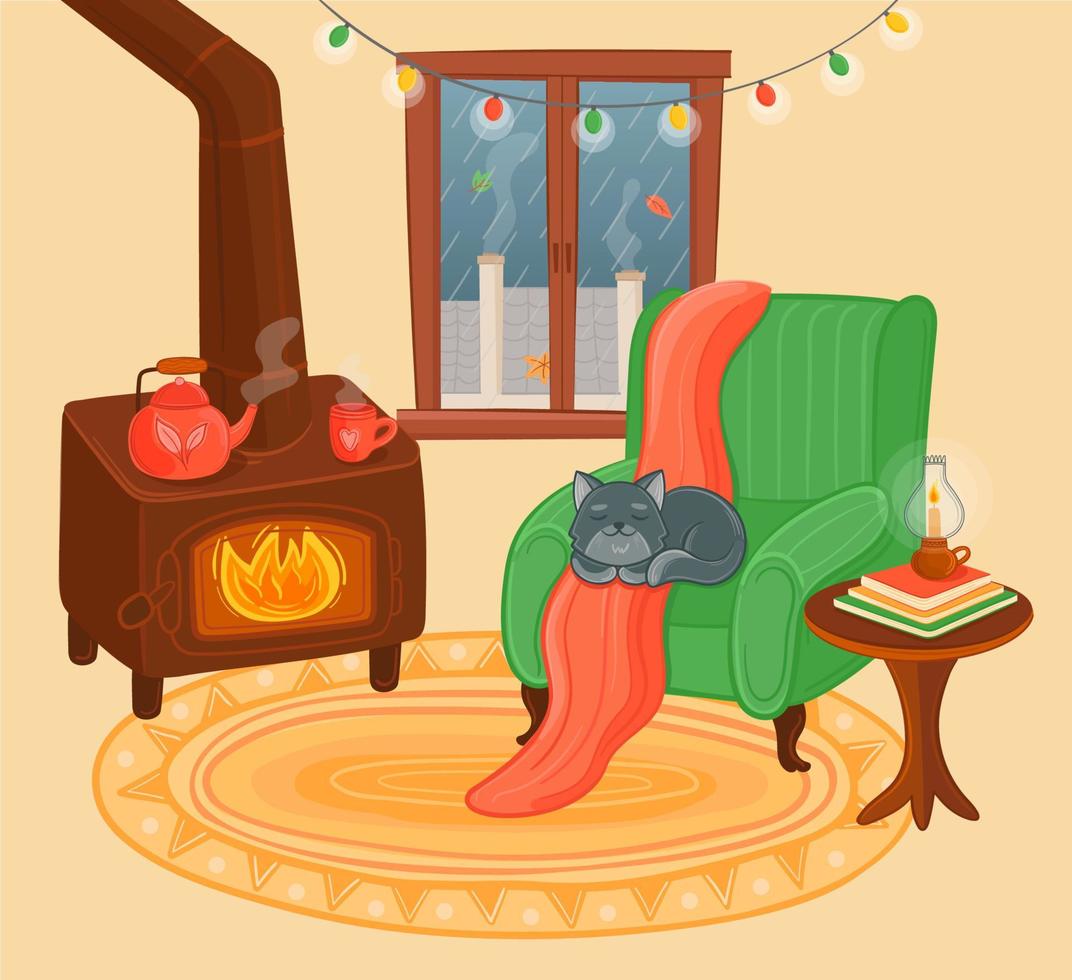 illustration vectorielle intérieur d'automne confortable avec poêle et chat. vecteur