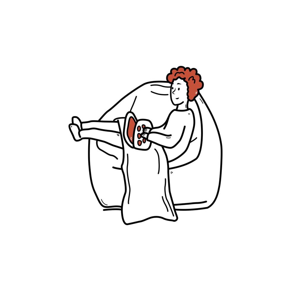 garçon bouclé dessiné à la main assis dans une chaise avec un style de doodle pour ordinateur portable, illustration vectorielle isolée sur fond blanc. travail à domicile, caractère relaxant, confort vecteur