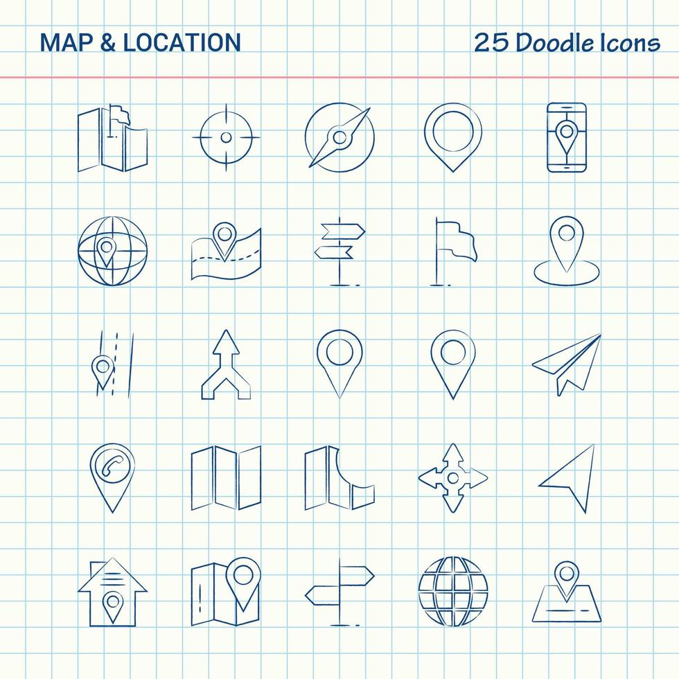 carte et emplacement 25 icônes doodle jeu d'icônes d'affaires dessinés à la main vecteur