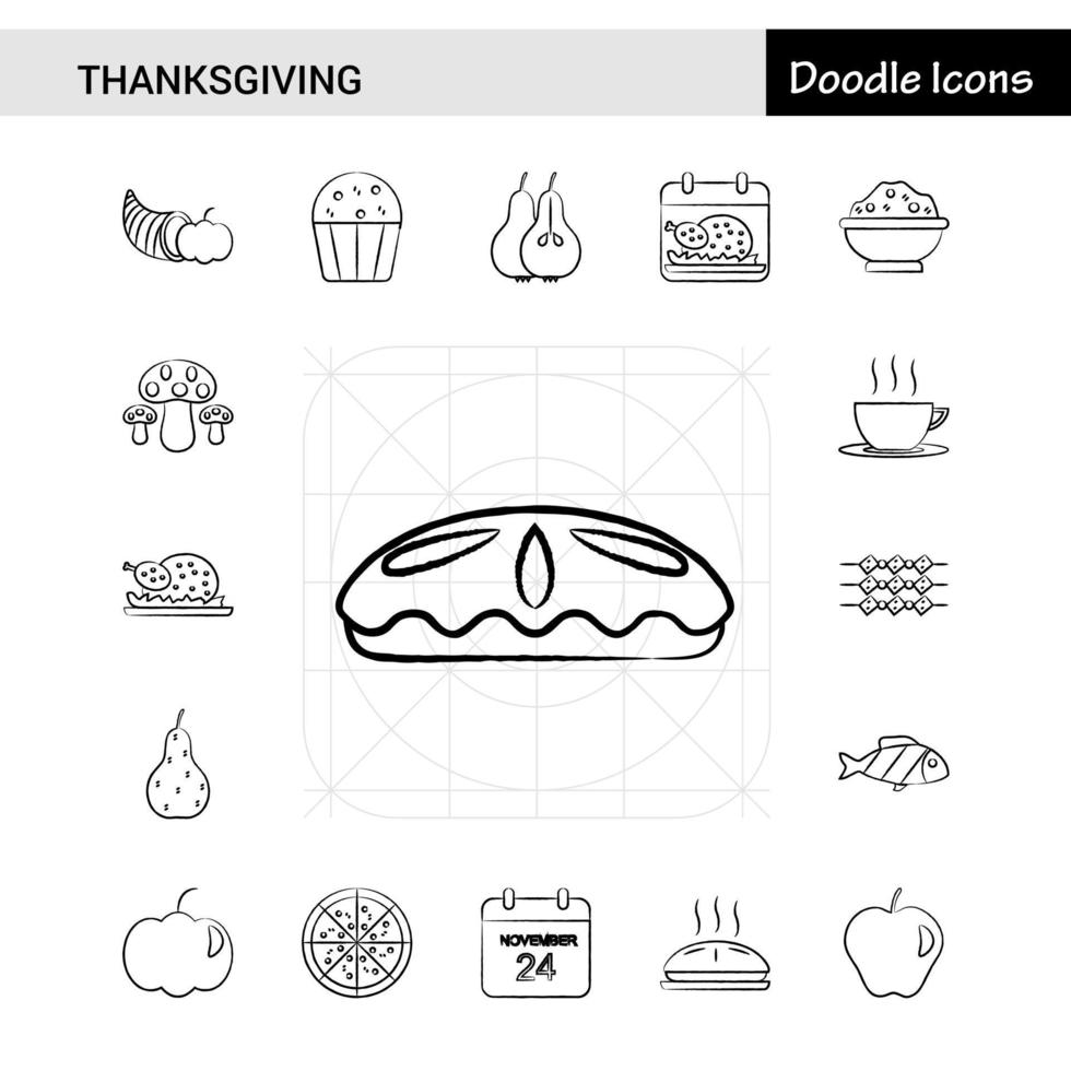 ensemble de 17 icônes dessinées à la main de thanksgiving vecteur
