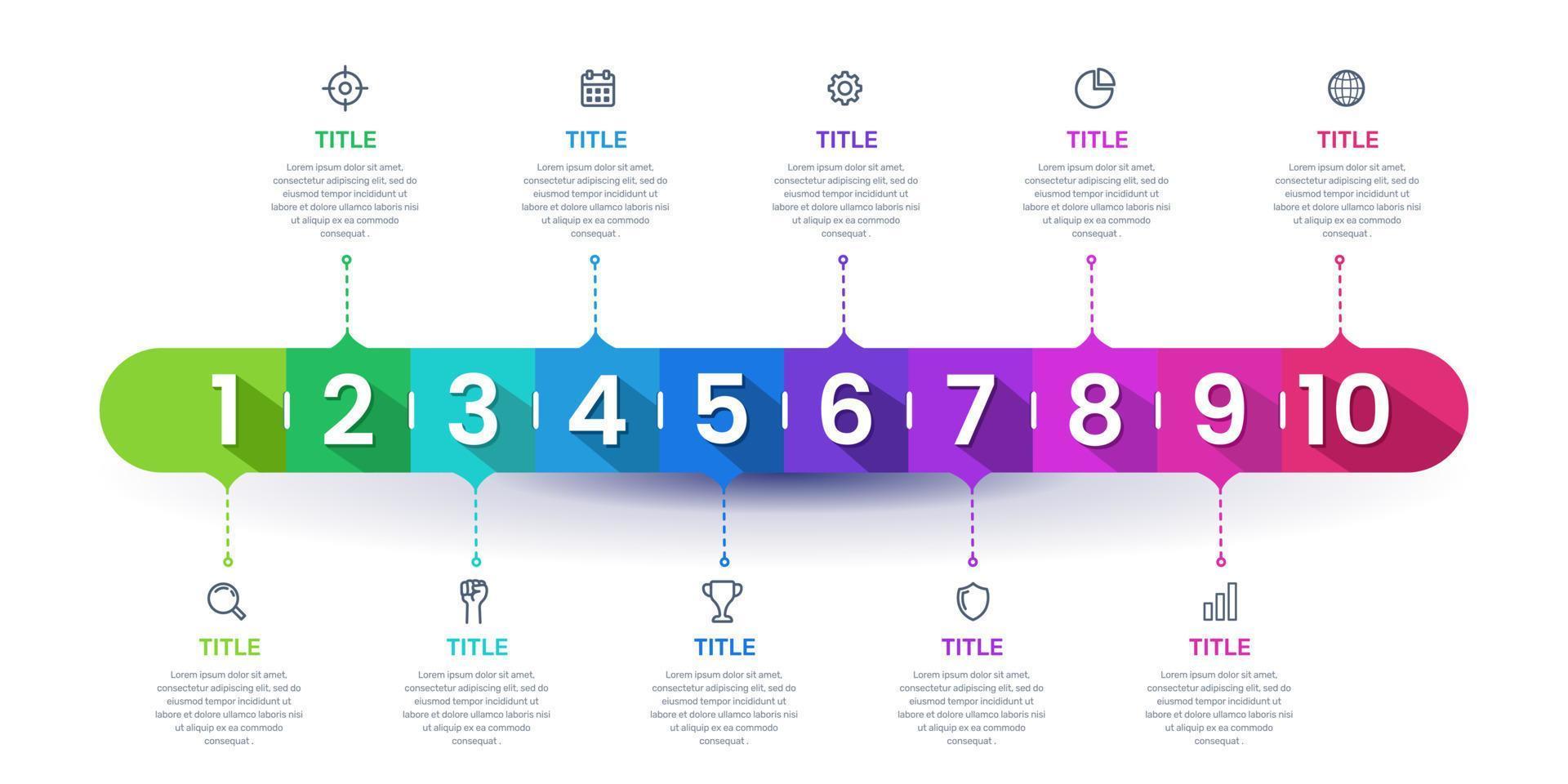 barre colorée infographique horizontale 10 étapes. chronologie de présentation d'entreprise. vecteur