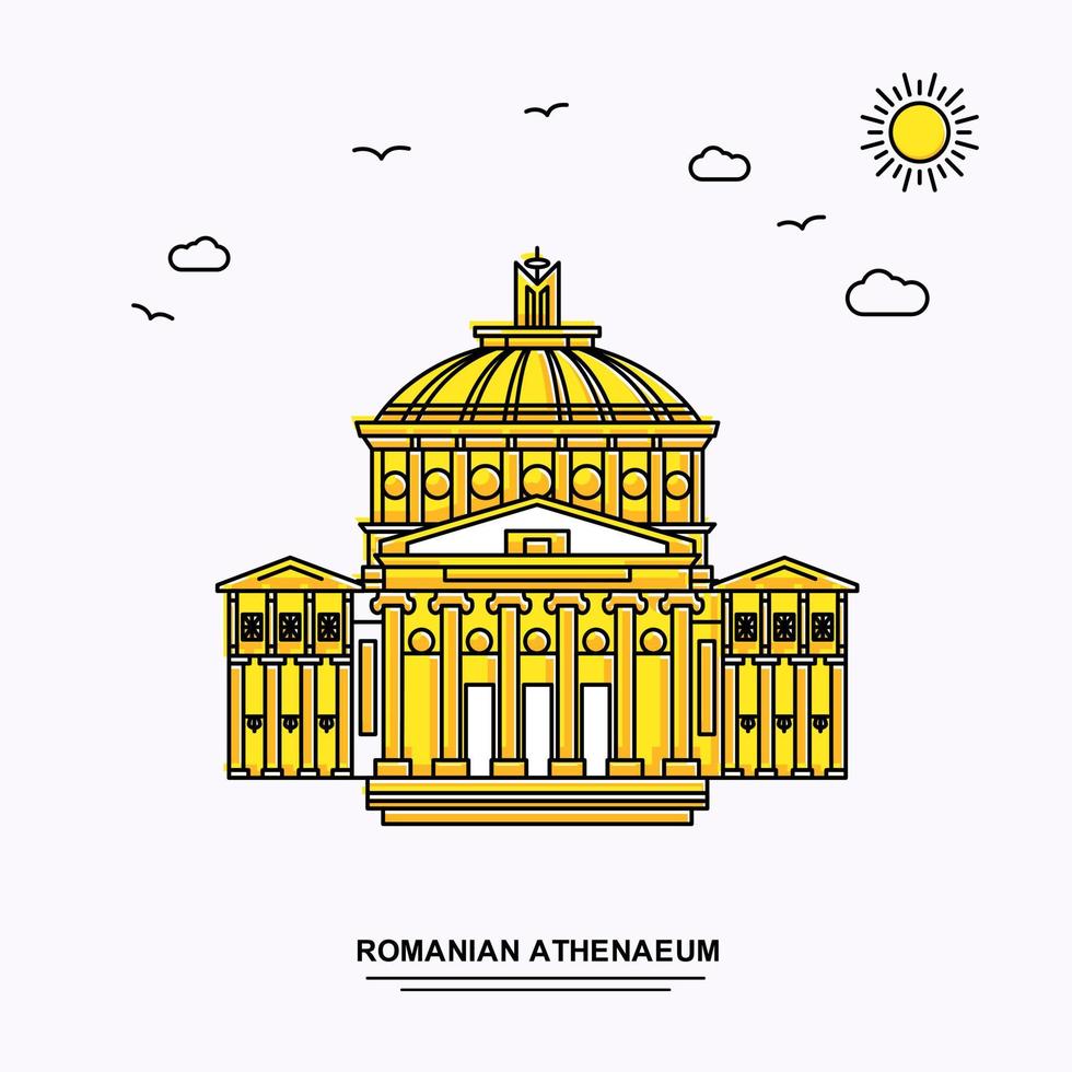 modèle d'affiche de monument de l'athénée roumain voyage dans le monde fond d'illustration jaune dans le style de ligne avec scène de beauté nature vecteur