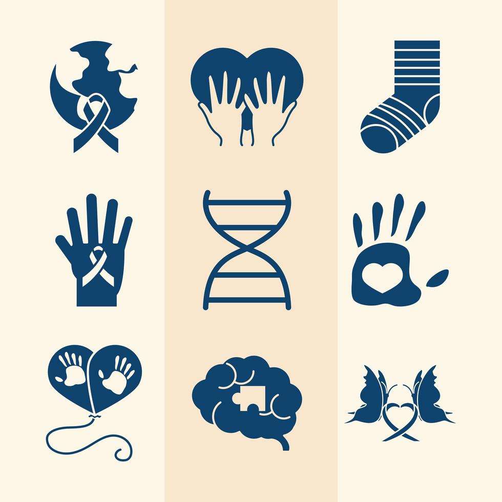 jeu d'icônes de pictogramme journée mondiale de la trisomie 21 vecteur