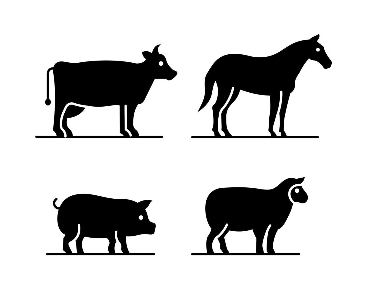 ensemble d'animaux de ferme, vache, cochon, cheval et mouton. icônes en noir. illustration vectorielle isolée sur fond blanc vecteur