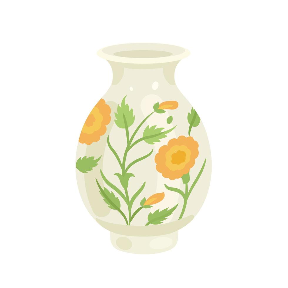 vase en céramique de couleur jaune clair avec des fleurs. illustration vectorielle plate isolée sur fond blanc. vecteur