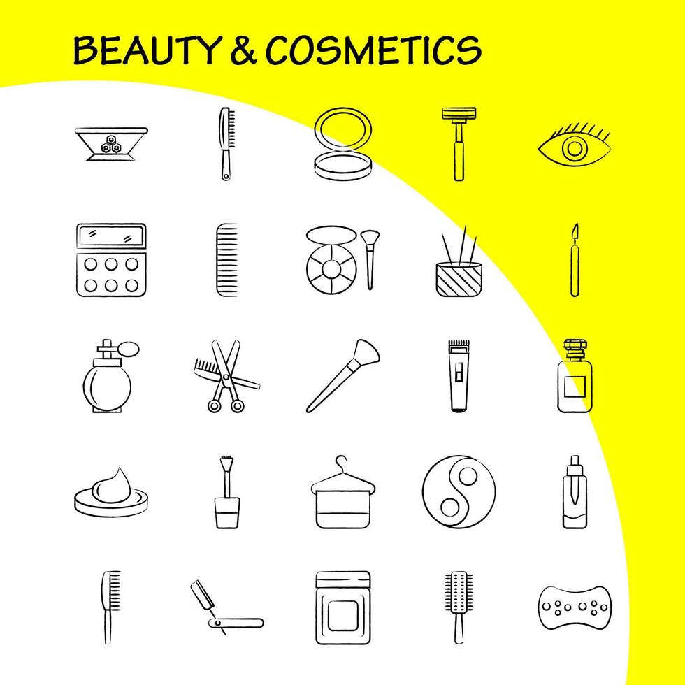 beauté et cosmétiques icône dessinée à la main pour l'impression web et kit uxui mobile tel que bol nourriture cuisine beauté maquillage cosmétique poudreuse pictogramme pack vecteur