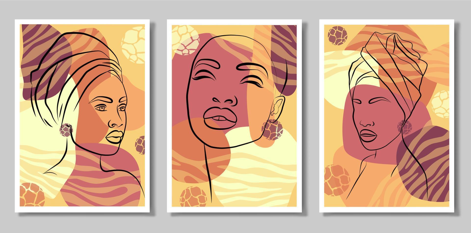 une fille sous les tropiques. un ensemble de trois tableaux. portrait abstrait d'une jeune femme dans un style minimaliste. tracer des lignes. belle femme africaine. art mural dans le style du pop art. vecteur