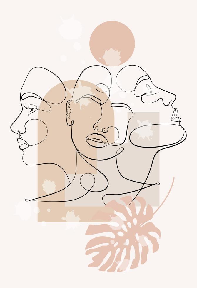 portrait de vecteur dans un style minimaliste. formes géométriques, feuilles, portrait féminin. impression féminine abstraite dessinée à la main. utilisé pour les histoires de médias sociaux, les logos de beauté, les illustrations d'affiches.