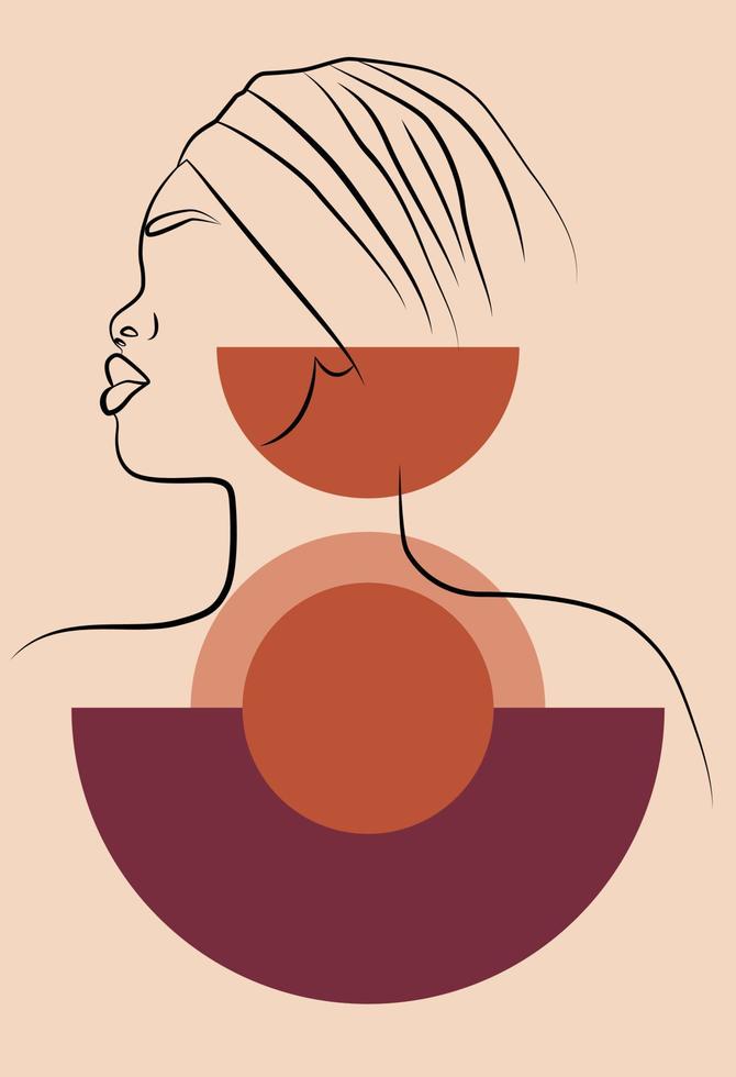 femme africaine. portrait féminin abstrait minimaliste avec une ligne continue pour le logo. formes géométriques. vecteur