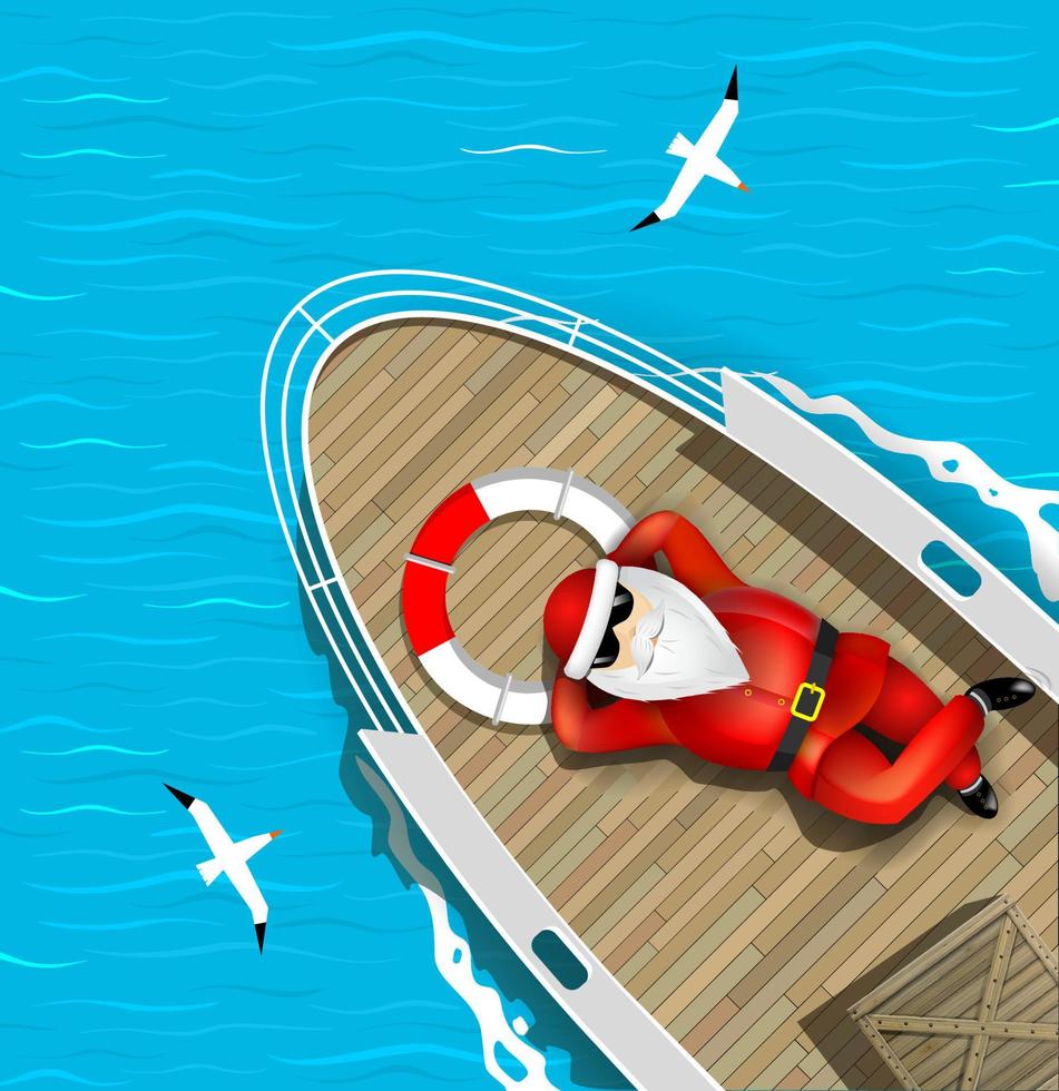 le père noël nage sur un yacht allongé sur le pont vecteur