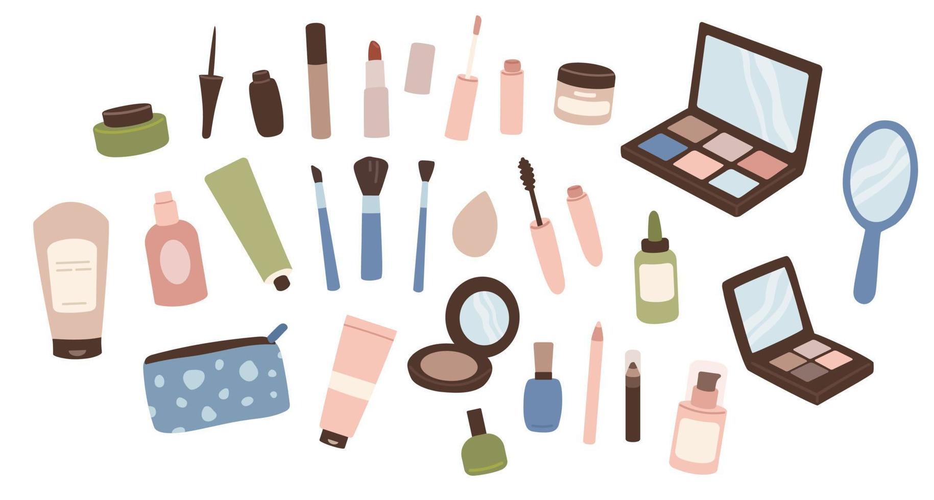 ensemble de produits cosmétiques. collection d'articles décoratifs de cosmétologie pour le maquillage. rouge à lèvres, mascara, poudre, fond de teint pour le visage. illustration vectorielle plane. vecteur