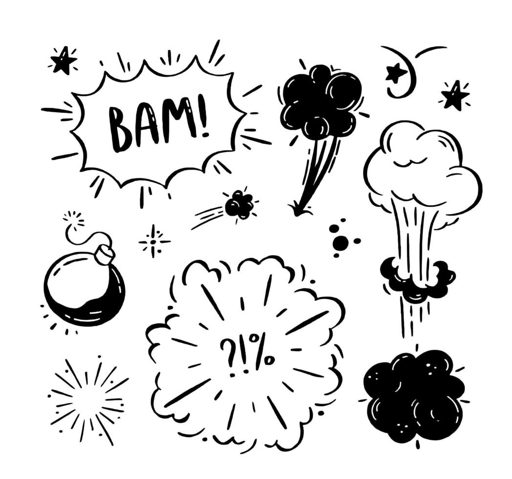 ensemble d'explosions et de bombes comiques. bulles avec les mots bom, boom, pow. illustration vectorielle de griffonnage vecteur